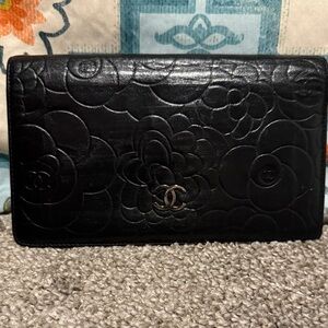 Authentic CHANEL Black Floral Embossed long Wallet